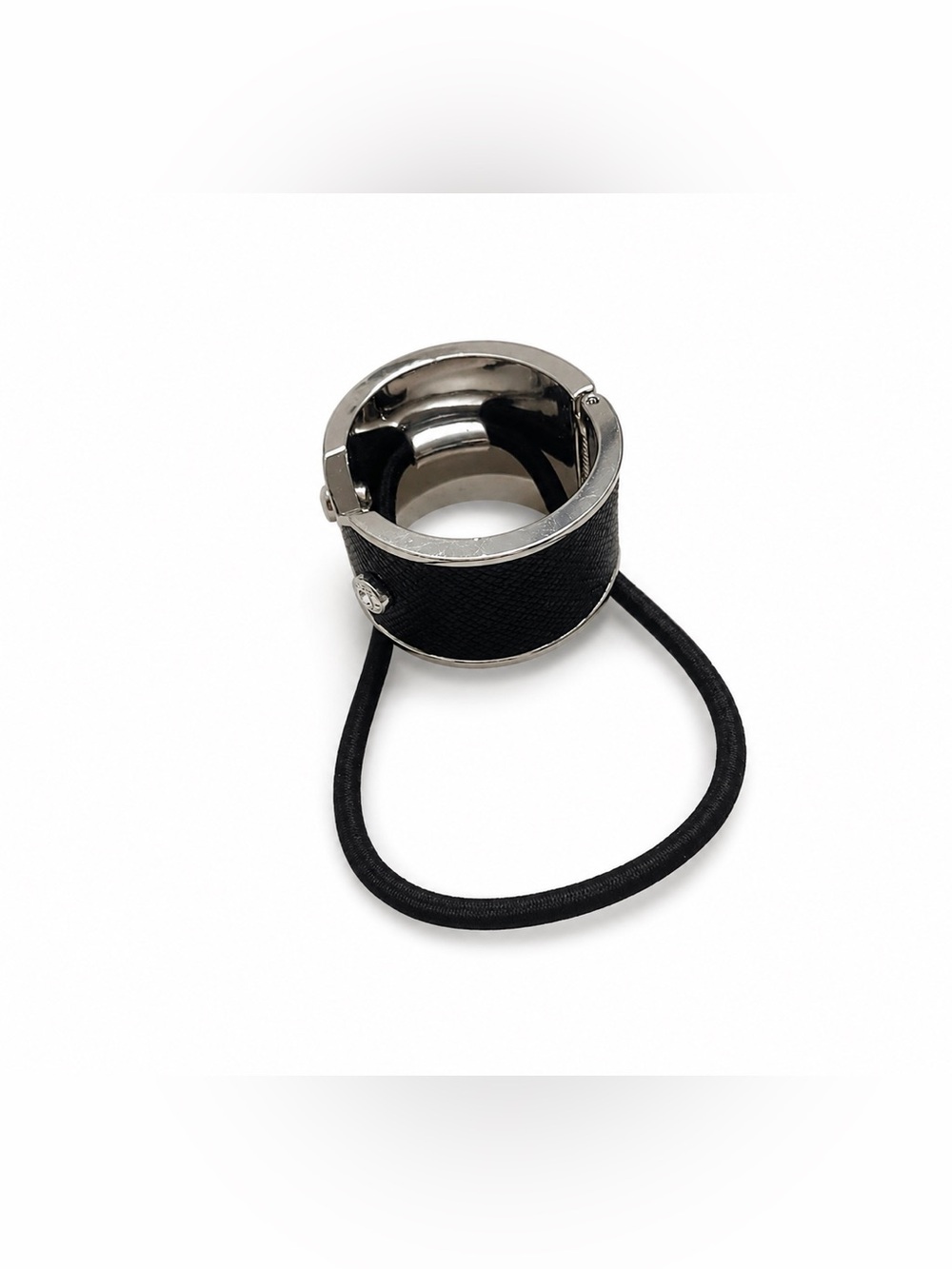 Henri Bendel Black Leather Silver-Plated Cuff Pony Tie Holder / Hair Tie